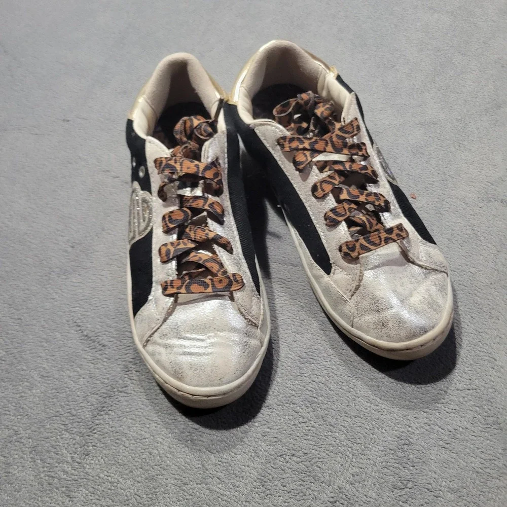 Justice Sport Sneakers Girls‎ Size 3 Black Gold Silver Leopard Print Heart GMJU4